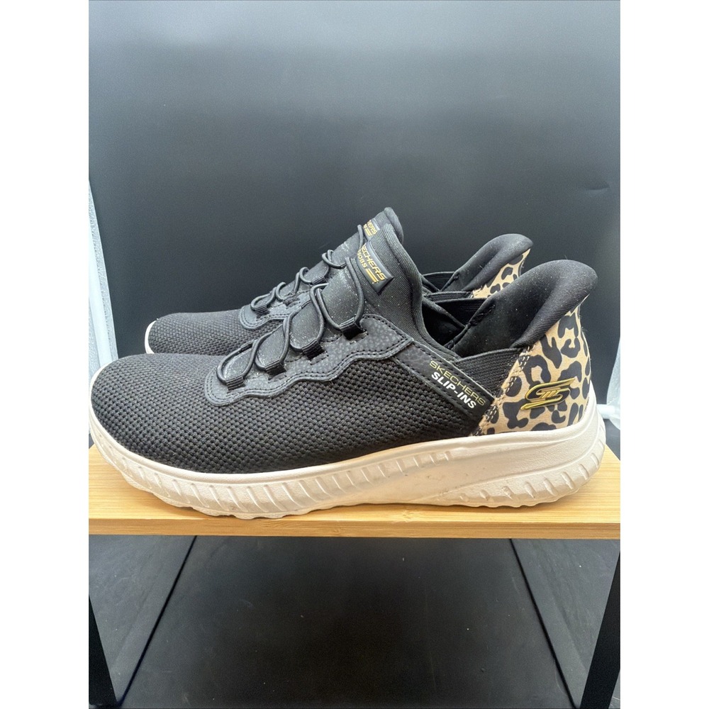 Skechers Women's Slip-Ins Bobs Sport Squad Chaos Shoes Blk/Leopard Size 7.5